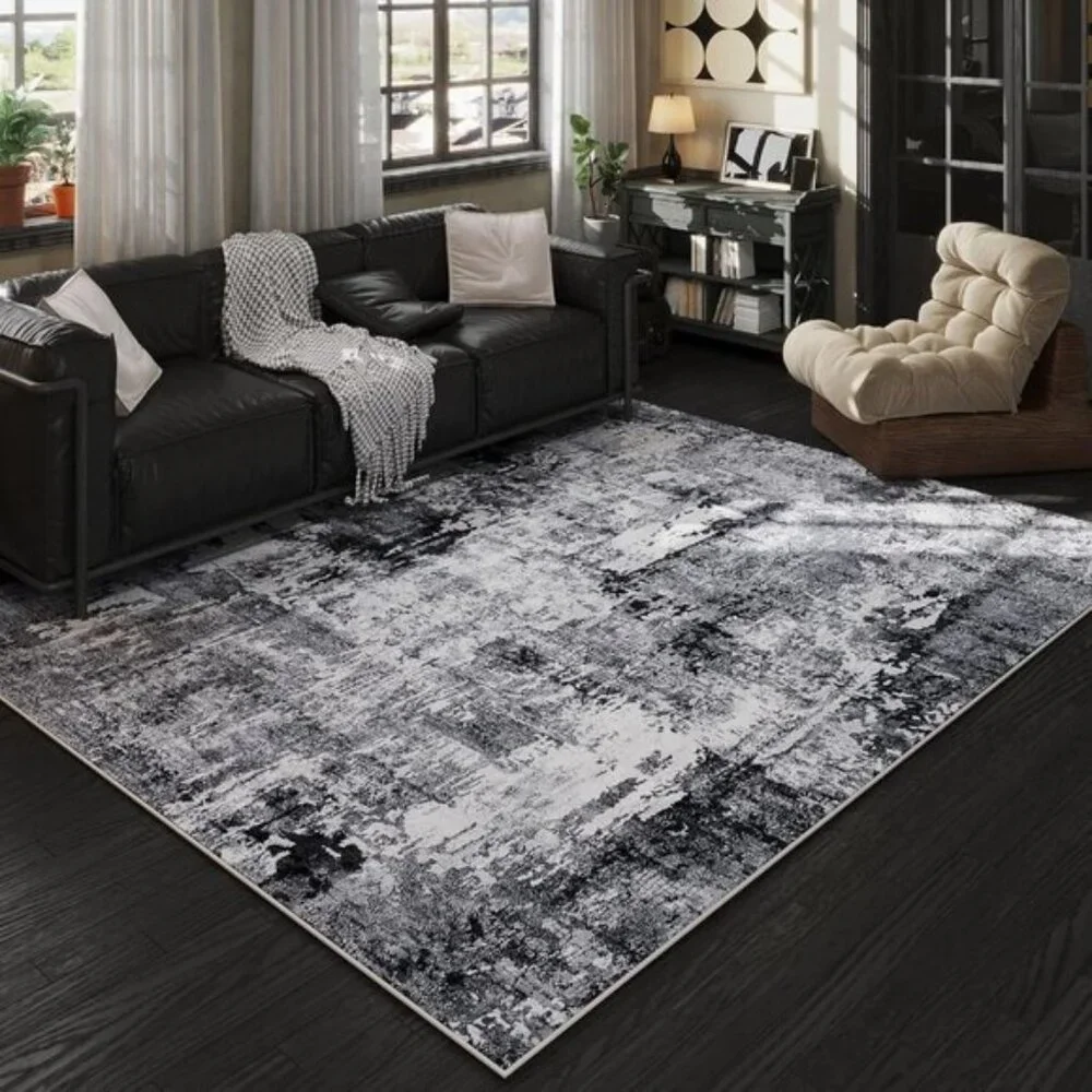 New 5x7 Washable Area Rug, Soft Faux Wool Non-Slip Carpet in Grey and Black